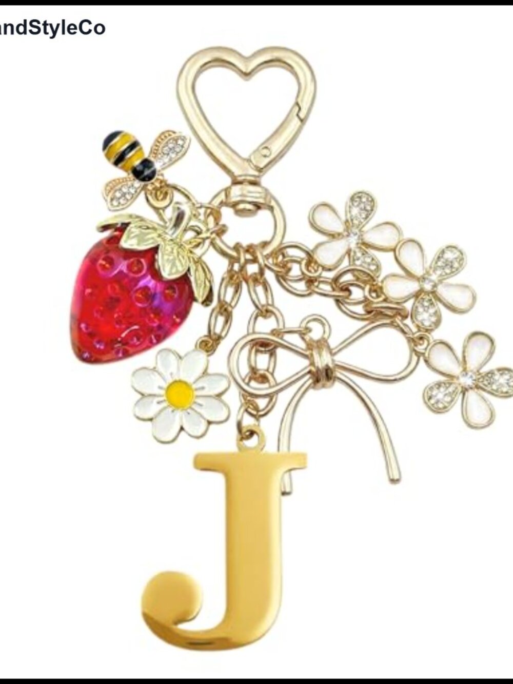 Initial Letter Keychain Bag Charm Gold-Tone Alloy Strawberry Bow Purse Charm